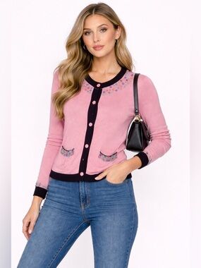 Rebecca Taylor Pink Silk Cotton Embellished Cardigan Size 6 Y2K Fashion Coquette